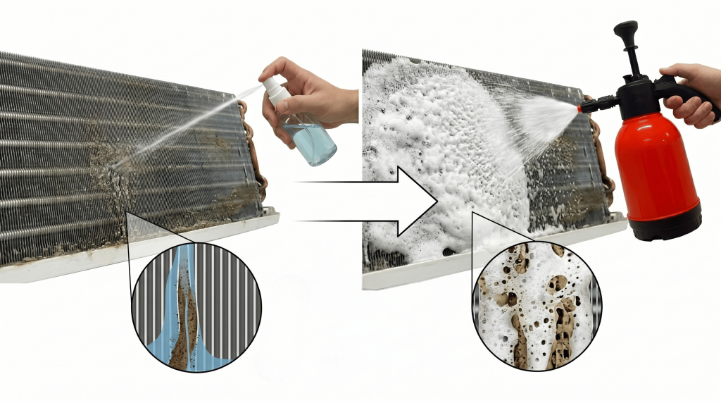 Diferença entre limpar uma serpentina com um spray normal e com um borrifador espuma estilo snow foam