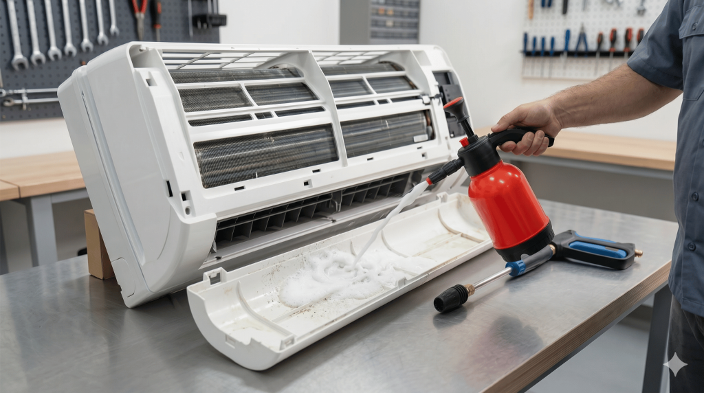 Limpando a bandeja do ar condicionado com o borrifador snow foam
