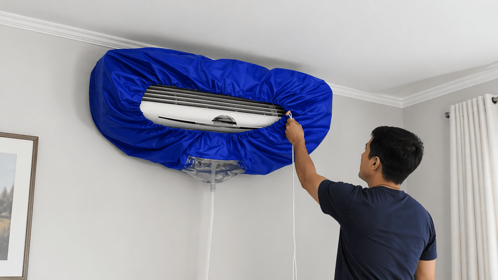 Técnico de refrigeração utilizando o saco coletor para fazer a limpeza do ar-condicionado