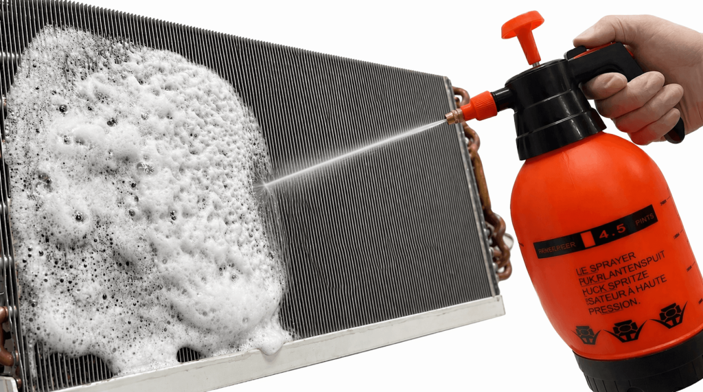 Use o borrifador de alta pressão para retirar a espuma na limpeza da serpentina